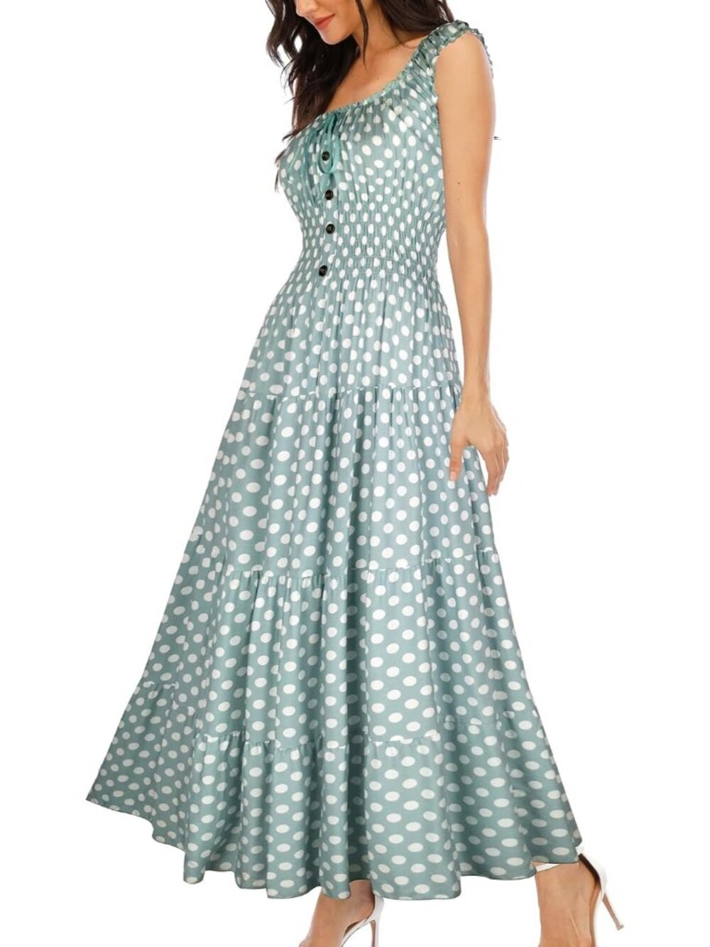 Women's Green Polka Dot Floral Print Tiered Casual Flowy Long Maxi Dress